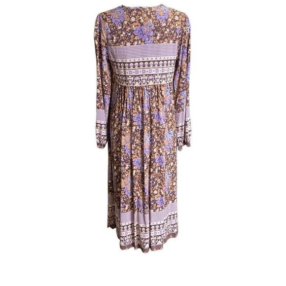 R Vivimos Dress Brown Purple Floral Boho Peasant Bead Tie Rayon Midi Size Small - Picture 3 of 7